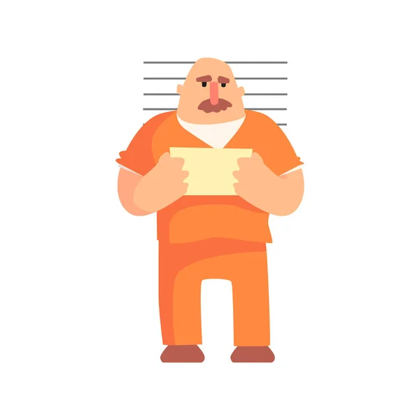 Karnego w mundurze pomarańczowy więzienia biorąc obraz z więzienia numer złapany i skazany za swoje zbrodnie — Wektor stockowy