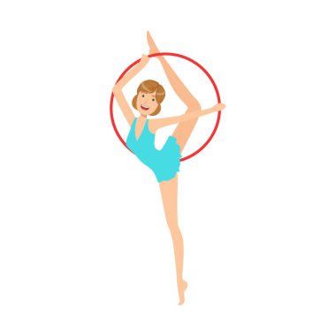 Profesyonel Ritmik Jimnastik sporcumuz mavi elbiseli bir öğe çember aparatı ile gerçekleştirme