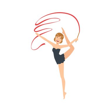 Profesyonel Ritmik Jimnastik sporcumuz siyah elbiseli bir öğe şerit aparatı ile gerçekleştirme