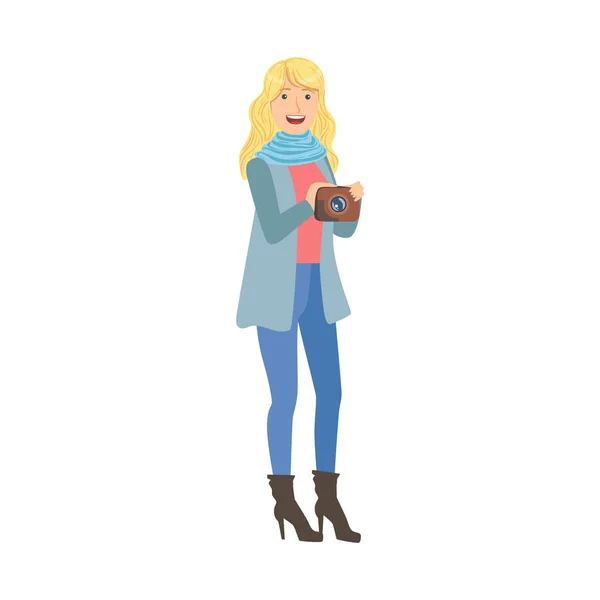 Rubia chica turista tomando fotos con foto cámara ilustración — Vector de stock