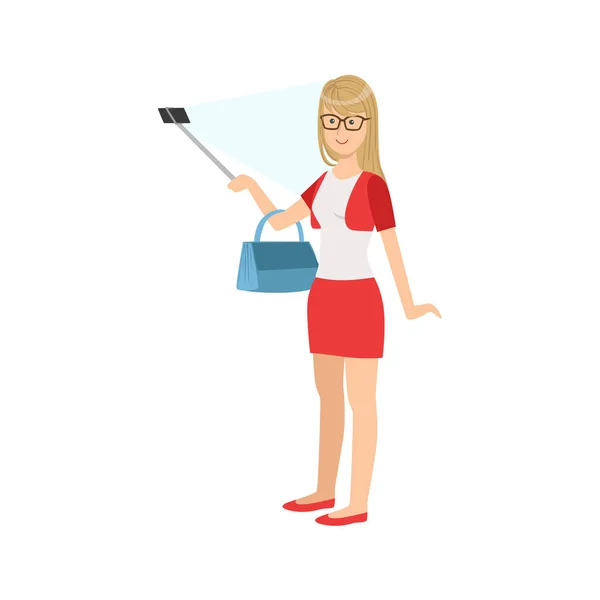 Chica en falda roja tomando fotos con ilustración de palo selfie — Vector de stock