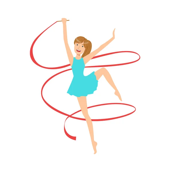 Professional Rhythmic Gymnastics Sportswoman In Blue Dress Performing An Element With Ribbon Apparatus — Stock Vector