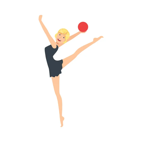 Rubia Profesional Rítmica Gimnasia Deportiva En Vestido Negro Realizando Un Elemento Con Aparato De Pelota — Vector de stock