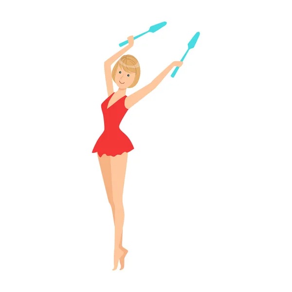 Professional Rhythmic Gymnastics Sportswoman In Red Leotard Performing An Element With Clubs Apparatus — Stock Vector