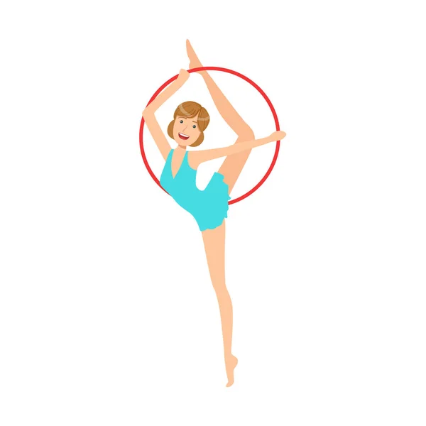 Professional Rhythmic Gymnastics Sportswoman In Blue Dress Performing An Element With Hoop Apparatus — Stock Vector