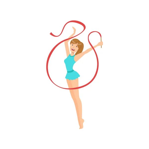 Спортсменка професійної художньої гімнастики з хвіст, виконуючи елемент з апаратом стрічки — стоковий вектор
