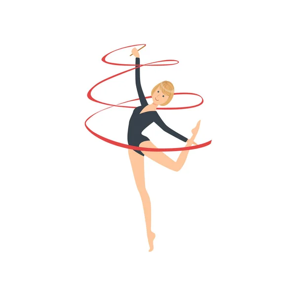 Professional Rhythmic Gymnastics Sportswoman In Black Long Sleeve Leotard Performing An Element With Ribbon Apparatus — Stock Vector