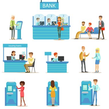 Bank Service Professionals And Clients Different Financial Affairs Consultancy, ATM Cash Manipulation And Other Business Set Of Illustrations