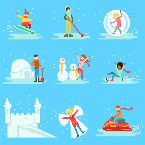 Les gens qui s'amusent dans la neige en hiver Collection d'illustrations — Image vectorielle