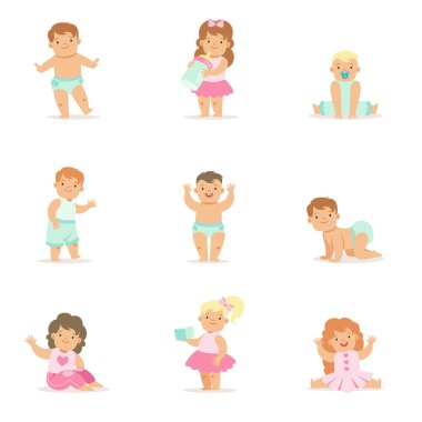 Çok güzel gülen bebekler ve küçük çocuklar ilk adımları, tarama ve illüstrasyonlar kümesi oynarken yapıyor mavi ve pembe kıyafetler içinde