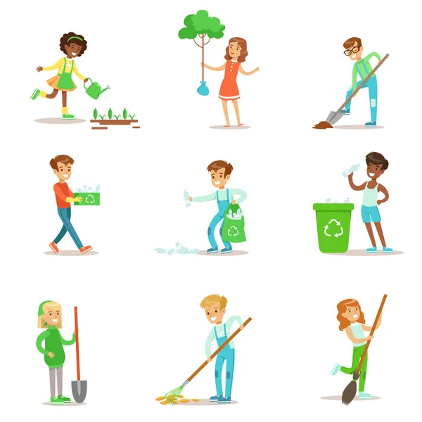 Enfants aidant au jardinage écologique, plantant des arbres, nettoyant dehors, recyclant les ordures et arrosant des germes — Image vectorielle