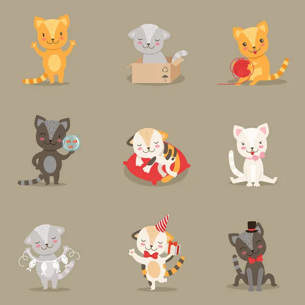 Beetje Girly schattige Kittens tekenfilm personages verschillende werkzaamheden en situaties Set van vectorillustraties — Stockvector