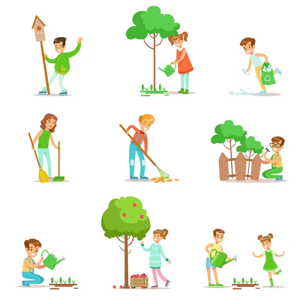Los niños ayudan en la jardinería ecológica, la recolección de frutas, la limpieza al aire libre, el reciclaje de la basura y los brotes de riego — Vector de stock