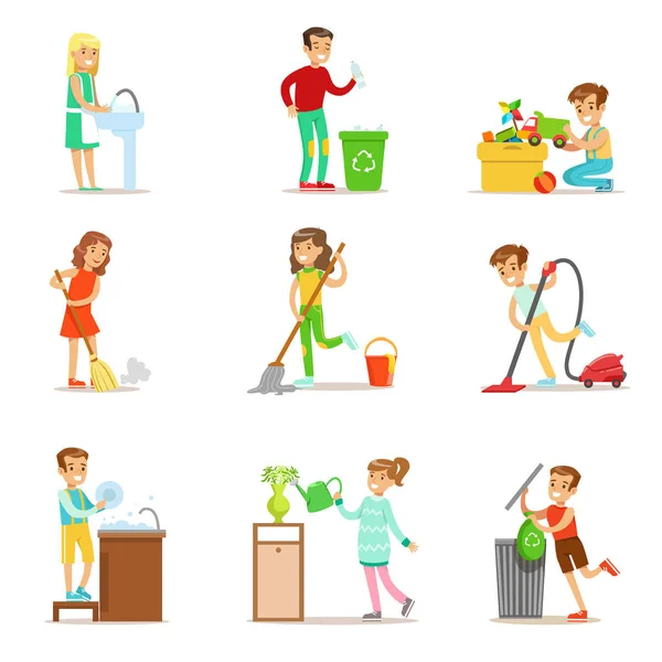 Barn hjälper med hem rensning, tvätta golvet, kasta ut sopor och vattna växter — Stock vektor