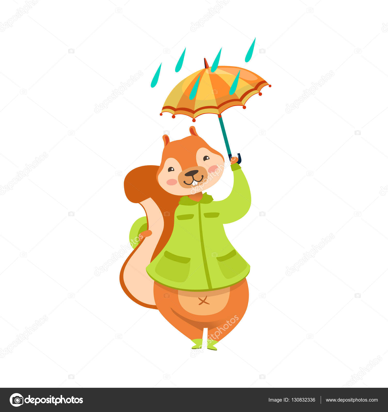 Scoiattolo rosso In cappotto di autunno con l ombrello sotto la pioggia umanizzato infantile del carattere animale carino foresta fumetto Disegno