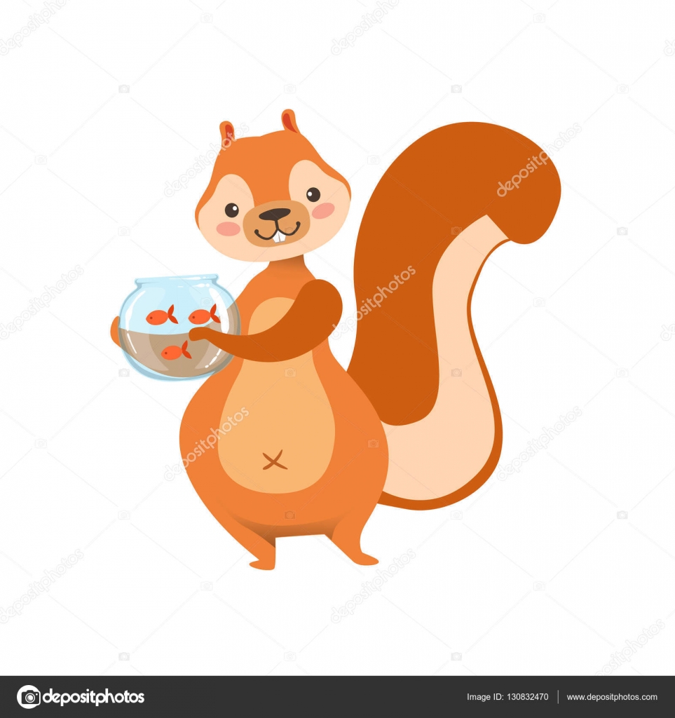 Scoiattolo rosso che tiene acquario con pesci d oro Pet umanizzato infantile del carattere animale carino foresta fumetto Disegno vettoriale piatto con