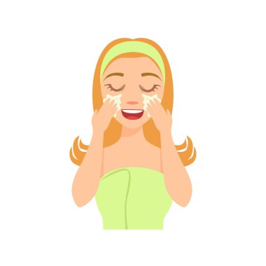 Kız yüzünü sabunla özel Cilt Bakımı, kadın kapalı gözler yapıyor ev Spa yordamı çizim ile yıkama