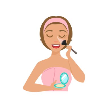 Kız uygulanan baz tozu makyaj kozmetik fırça ile kadın kapalı gözler yapıyor ev Spa yordamı çizim ile