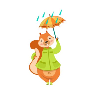 Çizgi film sevimli orman hayvan karakter çocukça illüstrasyon kırmızı sincap yağmur altında şemsiye ile sonbahar paltolu insanlaşmış