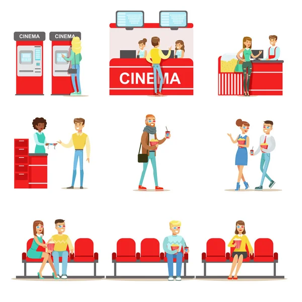Šťastní lidé kino divadlo, nákup jízdenky a Popcorn a sedí na jejich červené sedí na hodinky A film v 3d brýle — Stockový vektor
