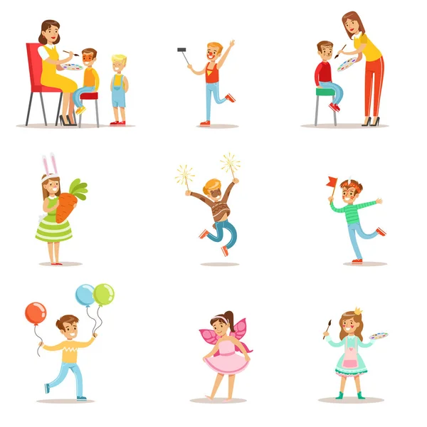 Children In Costume Party Set of Vector Illustrations With Happy Smiling Kids Having Their Faces Painted And Demonstrating Disguises At Festival Celebration - Stok Vektor