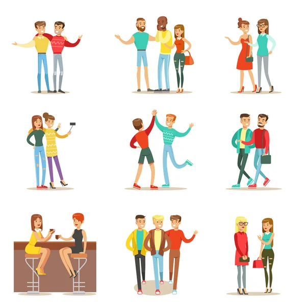 Felices mejores amigos pasando un buen rato juntos, saliendo y hablando conjunto de ilustraciones temáticas de amistad — Vector de stock