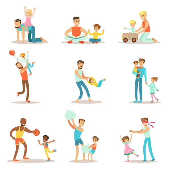 Amorosos padres jugando y disfrutando de buena calidad papá tiempo con sus hijos felices conjunto de ilustraciones de dibujos animados — Archivo Imágenes Vectoriales