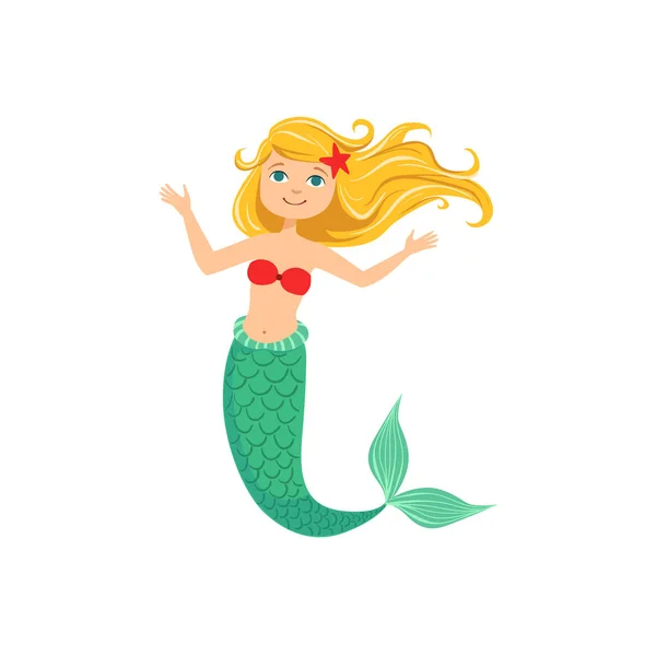 Blond Mermaid In Red Swimsuit Top Bra And Starfish In Hair Fairy-Tale Fantastic Creature Illustration — Stock Vector
