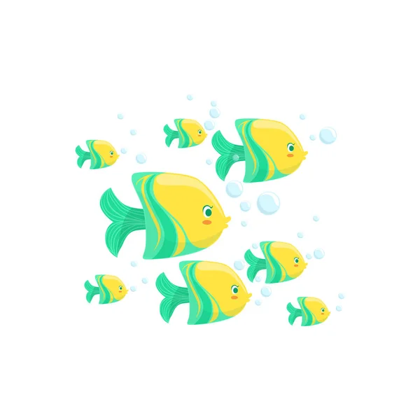 Green And Yellow Fantastic Tropical Fish School Set Of Marine Animals — Stock Vector