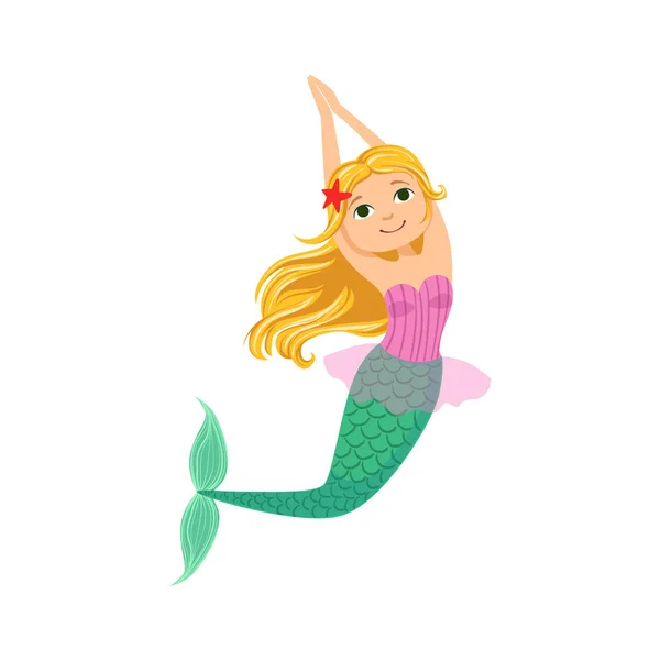 Rubia sirena en traje de baño púrpura sujetador superior con estrellas de mar en el pelo cuento de hadas fantástica criatura ilustración — Vector de stock