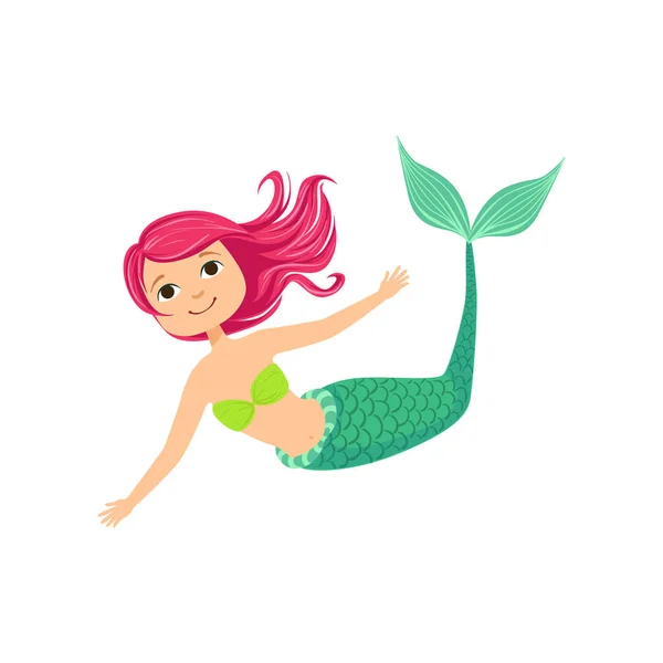 Pink Hair Mermaid In Green Swimsuit Top Bra Fairy-Tale Fantastic Creature Illustration — Stock Vector