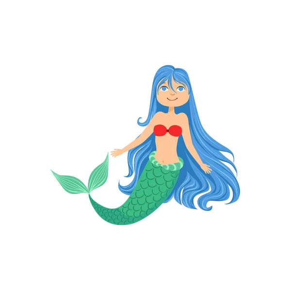 Blue Hair Mermaid In Red Swimsuit Top Bra Fairy-Tale Fantastic Creature Illustration — Stock Vector