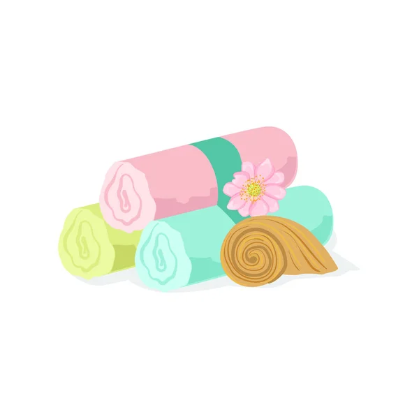 Tres rollos de toalla de color pastel apilados Mext a Shell y elemento de flor del centro de spa Procedimientos de salud y belleza Colección de ilustraciones — Vector de stock
