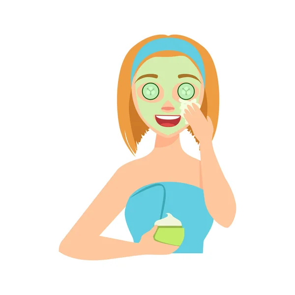 Menina aplicando máscara facial de creme de pepino natural, mulher com olhos fechados fazendo a ilustração do procedimento do Spa em casa —  Vetores de Stock