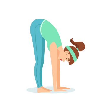 At kuyruğu mavi sportif giyim vektör çizim ile kız çizgi film Yogi tarafından gösterilen ileri Bend Uttanasana Yoga poz ayakta