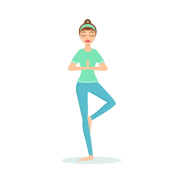 Guerrier Virabhadrasana Yoga Pose démontrée par la fille Cartoon Yogi avec queue de cheval dans l'illustration vectorielle de vêtements sportifs bleus — Image vectorielle