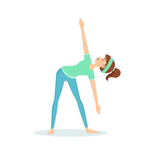 Triangle Trikonasana Yoga Pose démontrée par la fille Cartoon Yogi avec queue de cheval dans l'illustration vectorielle de vêtements sportifs bleus — Image vectorielle