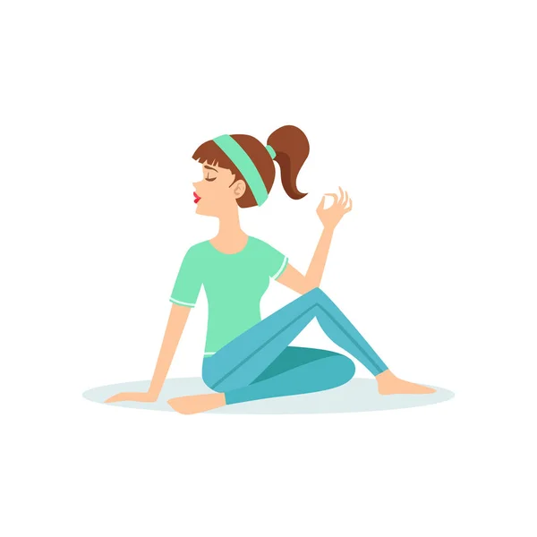 Medio giro Ardha Matsyendrasana Yoga Pose Demostrado por La Chica Dibujos Animados Yogui Con Cola De Caballo En Azul Ropa Deportiva Vector Ilustración — Vector de stock
