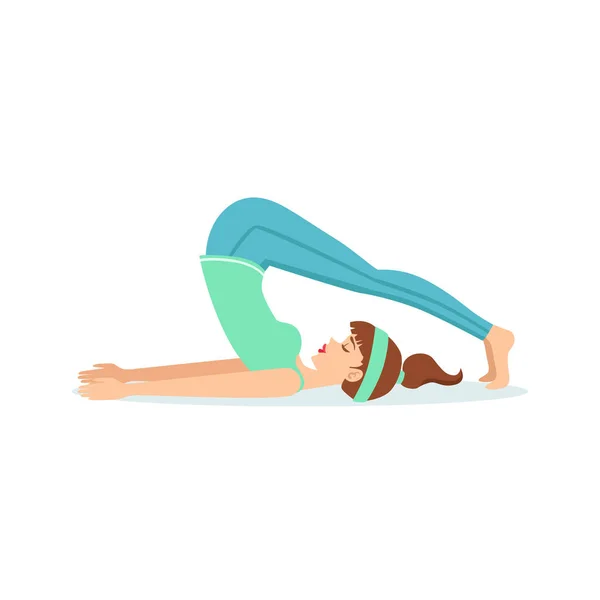 Plow Halasana Yoga Pose Demonstrated by The Girl Cartoon Yogi with Ponytail In Blue Sportive Clothing Vector Illustration — стоковый вектор
