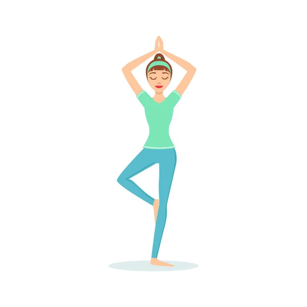 Árbol Vriksasana Yoga Pose Demostrado Por La Chica Dibujos Animados Yogui Con Cola De Caballo En Azul Ropa Deportiva Vector Ilustración — Vector de stock