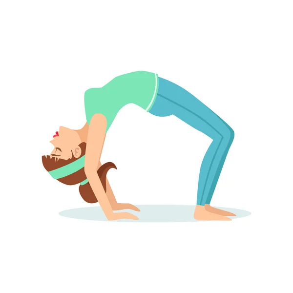 Rueda Chakrasana Yoga Pose Demostrado Por La Chica Dibujos Animados Yogui Con Cola De Caballo En Azul Ropa Deportiva Vector Ilustración — Vector de stock