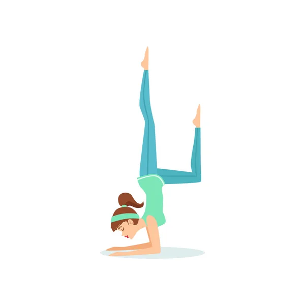 Postura de yoga de una pierna Crow Eka Pada Bakasana demostrada por la chica yogui de dibujos animados con cola de caballo en ropa deportiva azul Vector Ilustración — Vector de stock