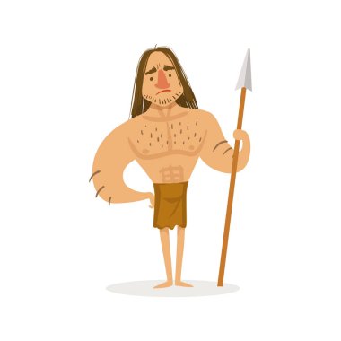 Taş devrinde yaşayan hayvan postu peştemal karikatür çizimi ilk Homo Sapiens ilkel insan giyiyor bir mızrak ile uzun boylu kaslı savaşçı
