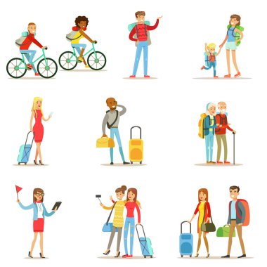 Happy People Traveling And Having Camping Trips Set Of Flat Cartoon Tourists Characters clipart