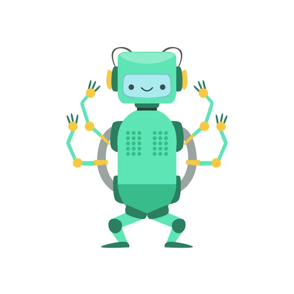 Green Friendly Android Robot personaje con cuatro brazos Vector ilustración de dibujos animados — Archivo Imágenes Vectoriales