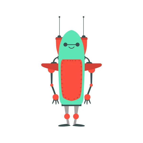 Red and Green Friendly Android Robot with Two Antennas Character Vector Cartoon Illustration — стоковый вектор