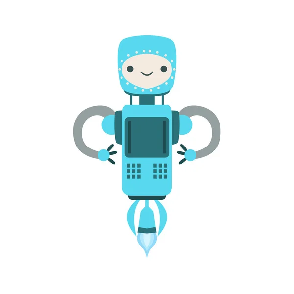 Azul amistoso vuelo Android Robot personaje Vector ilustración de dibujos animados — Vector de stock