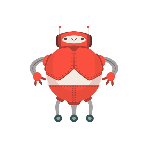 Red Fat Friendly Android Robot Character with Two Antennas Vector Cartoon Illustration — стоковый вектор