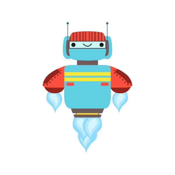 Blaue und rote freundliche Androiden Roboterfigur schwebt Mitte Luft Vektor Cartoon-Illustration — Stockvektor
