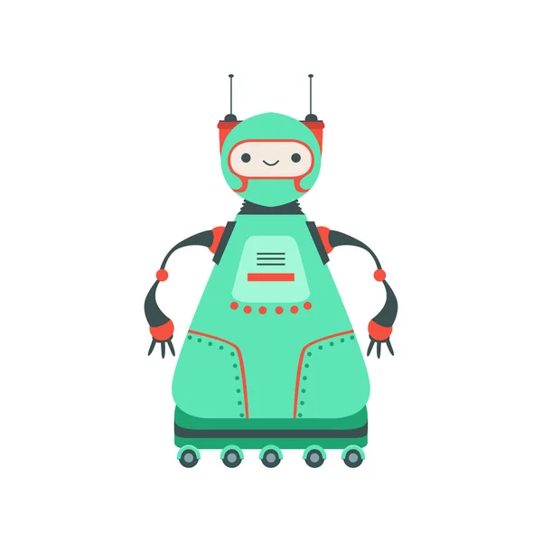 Green Friendly Android Robot personaje en seis ruedas Vector ilustración de dibujos animados — Archivo Imágenes Vectoriales